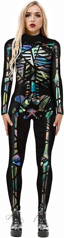 JJEUWE Women's Skeleton Halloween Bodysuit Costume Stretch Skinny Catsuit Jumpsuit