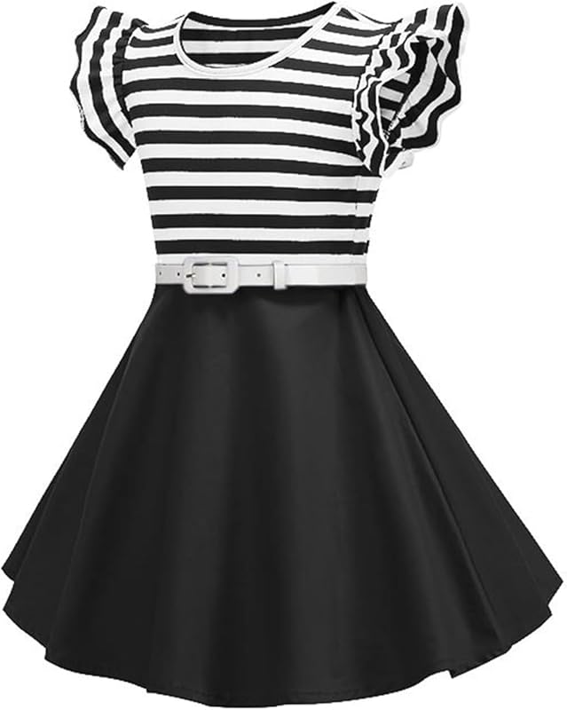 BILIKEYU Girls Striped Summer Beach Dress Flutter Sleeve Belt Waisted Color Block Ruffle A - Line Swing Casual - TrendyLookz