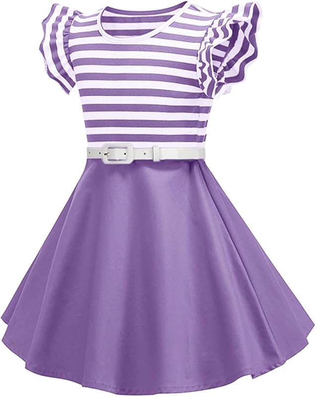 BILIKEYU Girls Striped Summer Beach Dress Flutter Sleeve Belt Waisted Color Block Ruffle A - Line Swing Casual - TrendyLookz