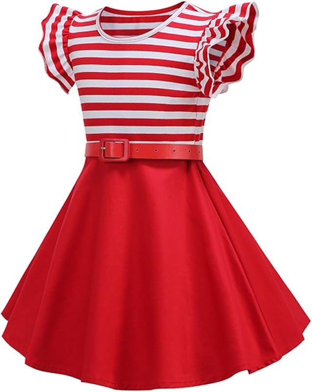 BILIKEYU Girls Striped Summer Beach Dress Flutter Sleeve Belt Waisted Color Block Ruffle A - Line Swing Casual - TrendyLookz