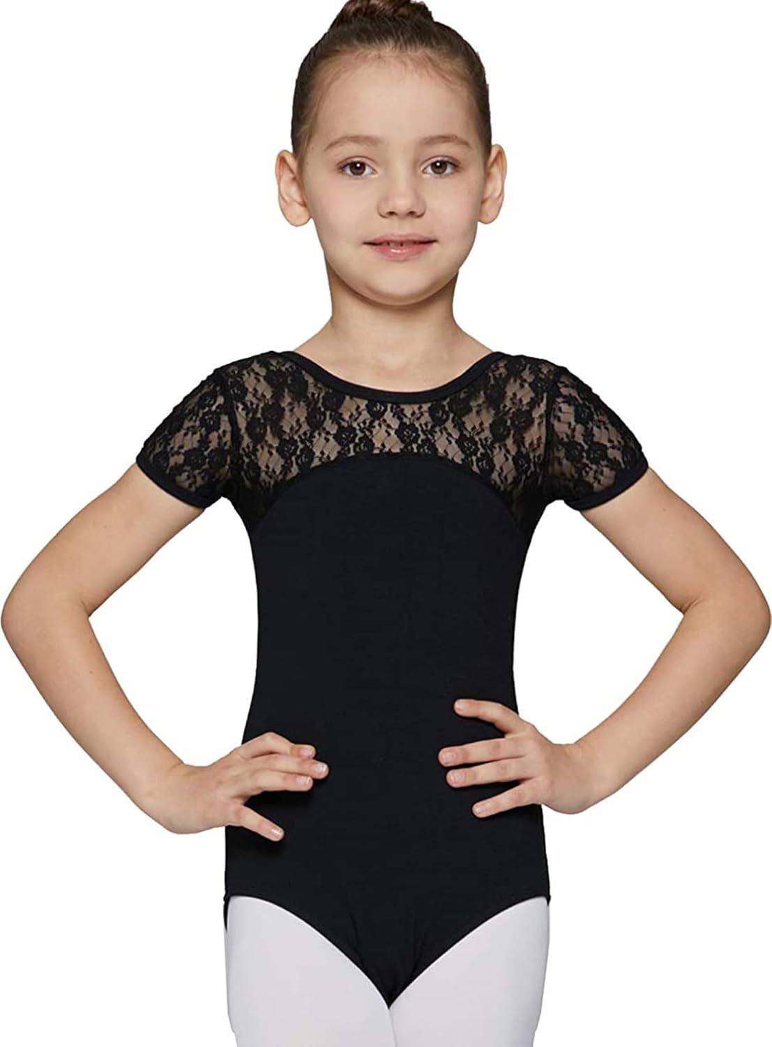 MdnMd Girls Ballet Dance Neck Lace Leotard for Toddler Gymnastic with Bow Back Cap Sleeve