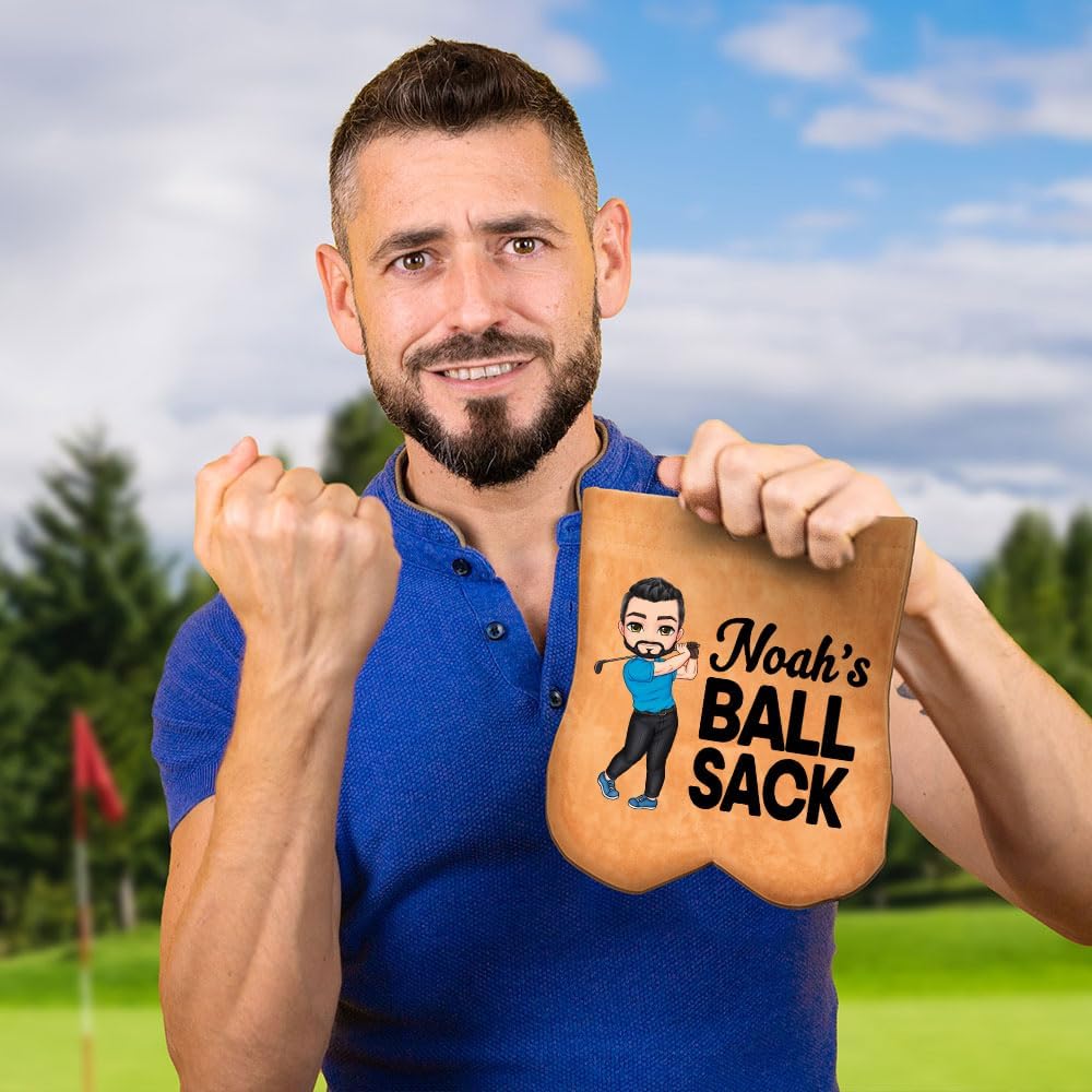 Personalized Golf Ball Bag Cartoon Character Flannel - Custom Name, Golf Accessory Bag with 2 Balls, Birthday Gift for Golfers