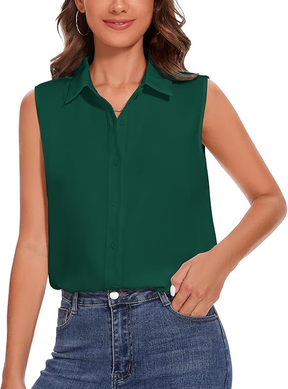 YAMANMAN Womens Sleeveless Button Down Shirt Classic Collared Blouse Basic Tank Tops Work Office Chiffon Tops