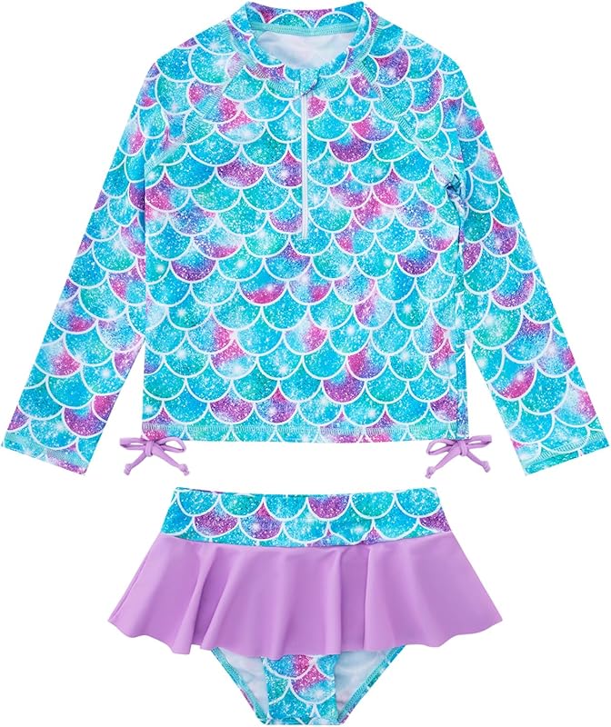 Vieille Toddler Girls Swimsuit 2 Piece Rash Guard Sets Long Sleeve Bathing Suit with UPF 50+ Sun Protection 2-6 Years