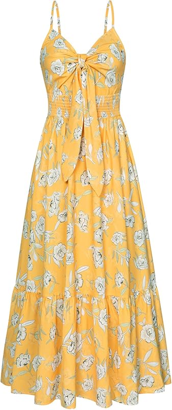 GRACE KARIN Women's 2025 Summer Maxi Dress Floral Tie Front Spaghetti Strap Casual Boho Beach Flowy Sundress with Pockets