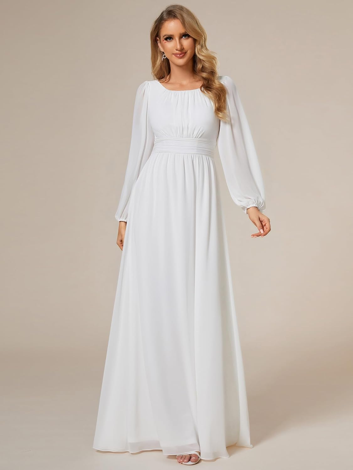 Ever-Pretty Women's Crewneck Long Lantern Sleeves Floor Length A-Line Pleated Chiffon Formal Dress 0106B