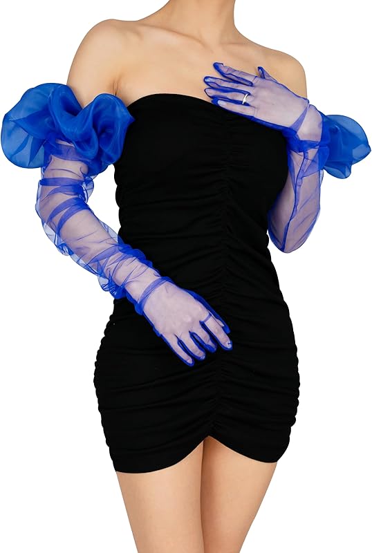 Super Puff Women's Sheer Long Oversize Tulle Mesh Gloves for Cocktail Opera Party with Puff Sleeve