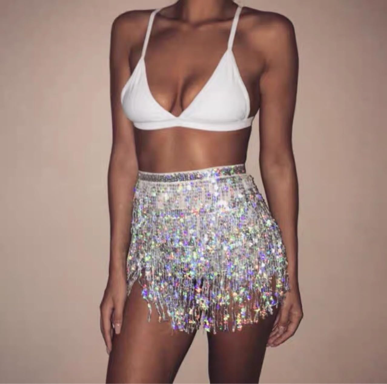Women Belly Dance Skirt Tassel Fringe Skirts Sparkly Sequin Hip Scarf Party Costume