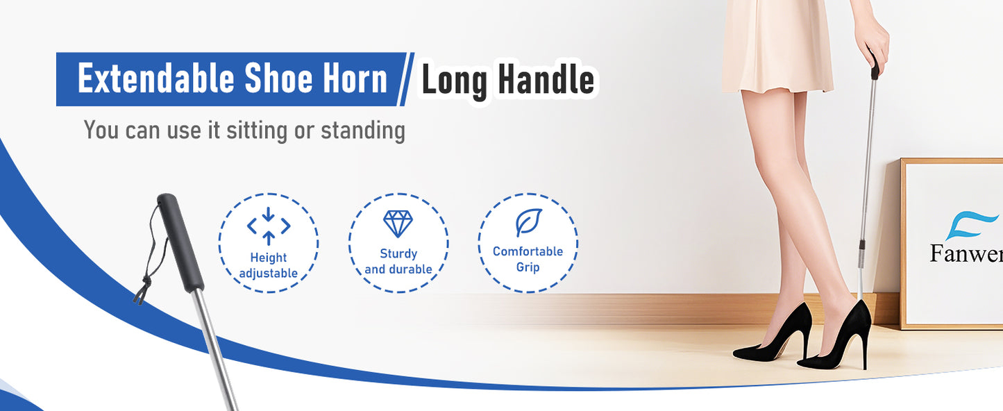 Fanwer Extendable Shoe Horn Long Handle for Seniors, Twist to Lock, 16" to 31"Adjustable, Stainless Steel Telescopic Shoehorn for Men Women, Metal Travel Shoe Horn, Shoe Helper Tool