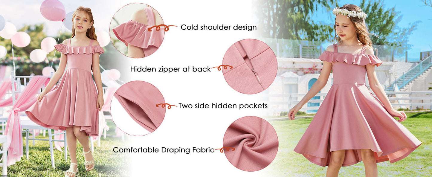 Arshiner Girls Summer Dress Off Shoulder Children's Dress Ruffle Sleeves Elegant Strap Dress Children A Line Swing Dress High Low Dress Casual Dresses with Pocket 4-13Years