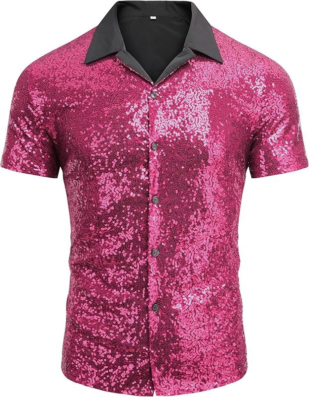 AstoSeu Men's Sequin Dress Shirt 70s Disco Costume Sparkle Party Short Sleeve Button Down Shirts