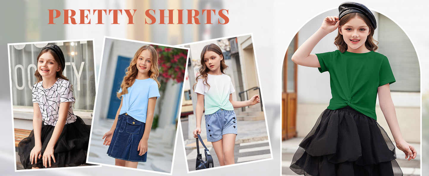 Arshiner Girls T-Shirts Twist Front Kids Summer Printed Round Neck Short Sleeve Tops Casual Fashion Tee Shirt for Girls 5-12 Years