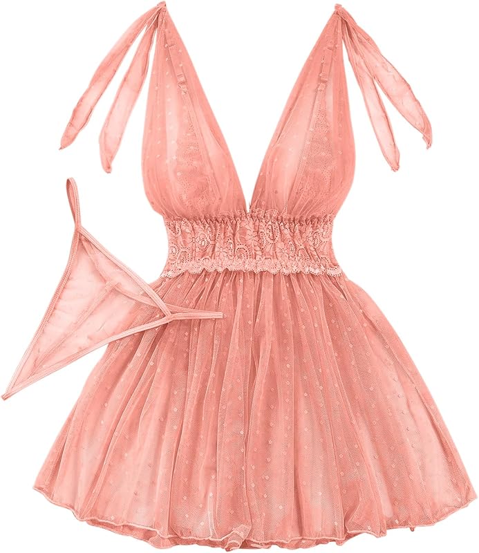 Lilosy Sexy Polka Dots Mesh Sheer Lace Babydoll Chemise Lingerie Set Floral Lace Sleep Wear
