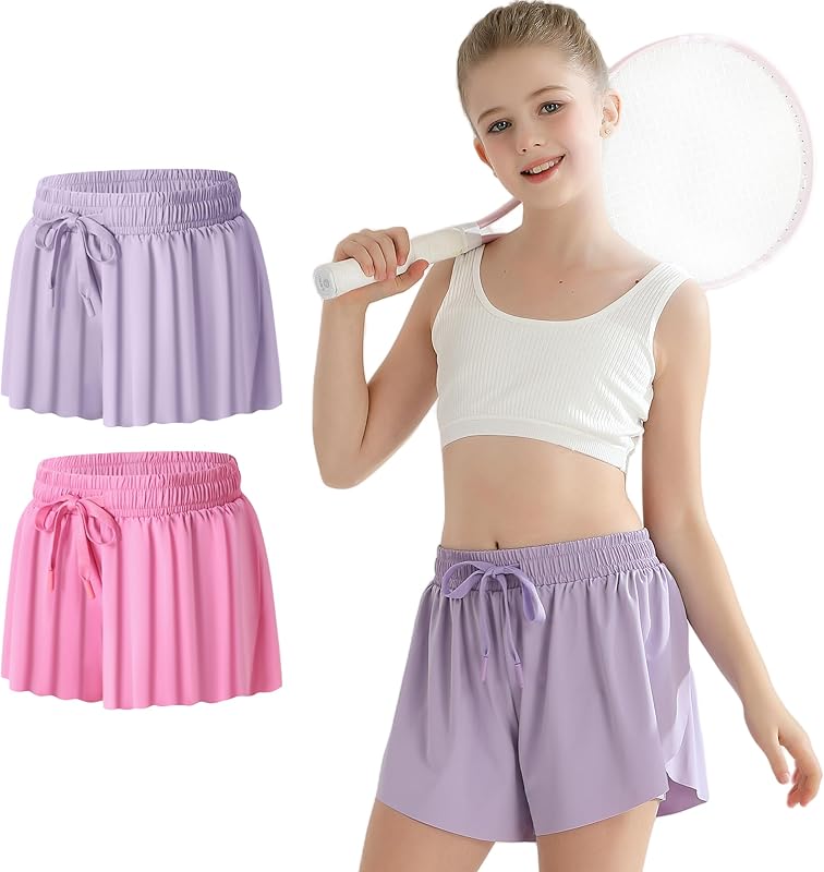 Girls Flowy Athletic Shorts with Pocket Kids Spandex 2 in 1 Drawstring Butterfly Skorts for Cheer, Dance, Running