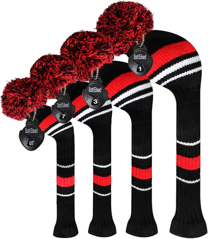 Scott Edward Golf Club Head Covers Set of 4, Acrylic Yarn Double-Layers Knitted, with Rotatable Number Tags