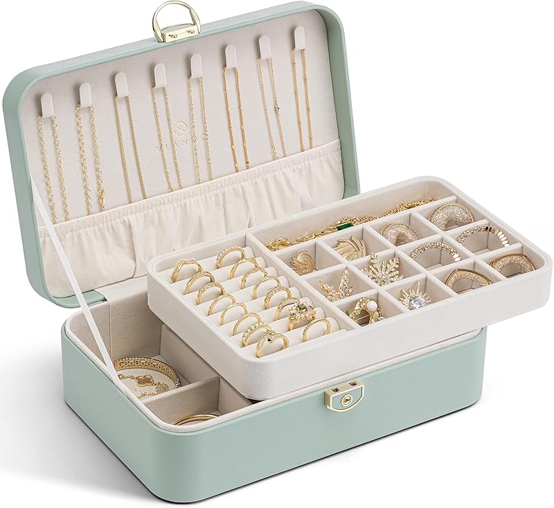 Vlando Jewelry Box Organizer for Women Girls, 2 Layer Jewelry Case with Lock,Jewelry Storage Earrings Necklace,Rings,Gift for Teachers Wedding Birthday Gifts-Cream White