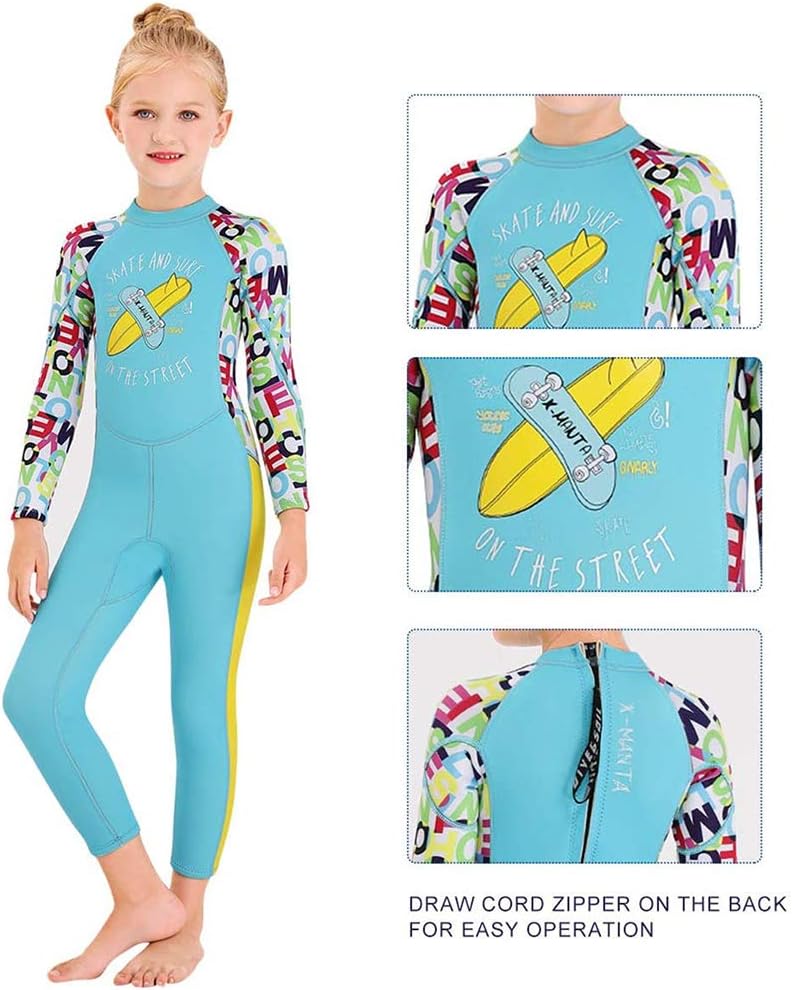 Kids Girls Boys Wetsuit Full Body Neoprene Thermal Swimsuit 2.5MM for Toddler Youth Children Teen, Long Sleeve Child Scuba Diving Surf Suit One Piece Sun Protection for Water Sports