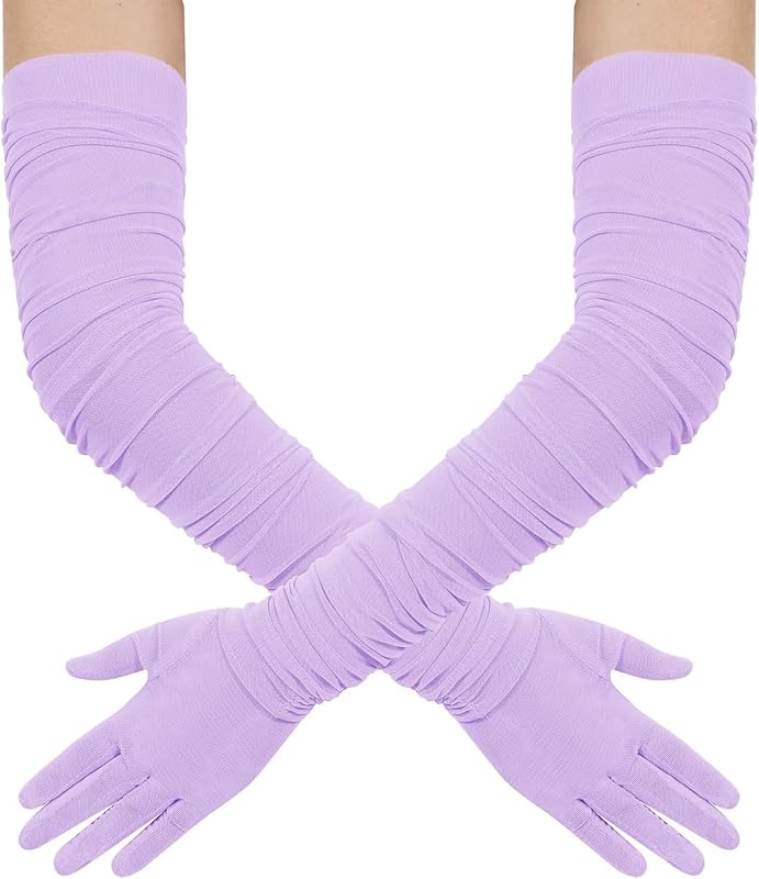 Hazhlko Women's Super Long Stretchy Ruched Mesh Tulle Sheer Gloves Costume Opera Party 1920's Dance Gloves