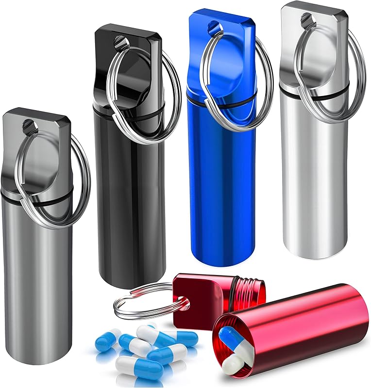 Keychain Pill Holder (Pack of 3), Aluminum Alloy Waterproof Portable Small Travel Medicine Bottle Case Container for Purse, Mini Metal Capsule/Tablet Keeper Pocket Organizer