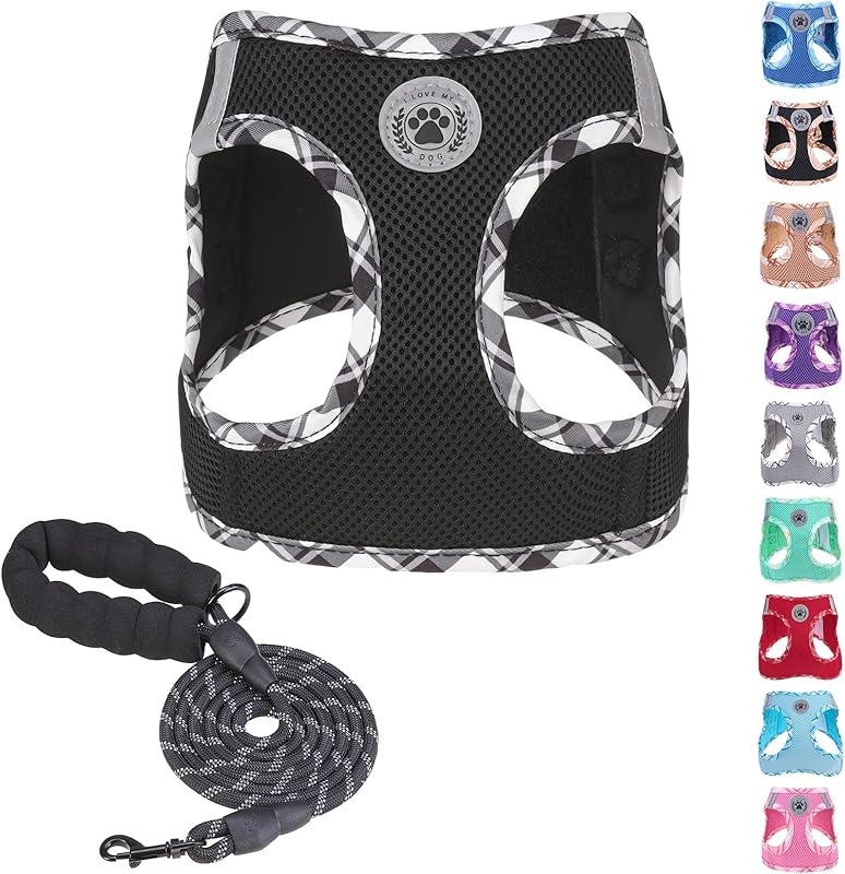 BEAUTYZOO Plaid Dog Harness and Leash Set for XS S Pets, Step-in No Choke No Pull Soft Mesh Vest Harness, Reflective for Extra-Small/Small Medium Puppy Dogs and Cats, Beige S