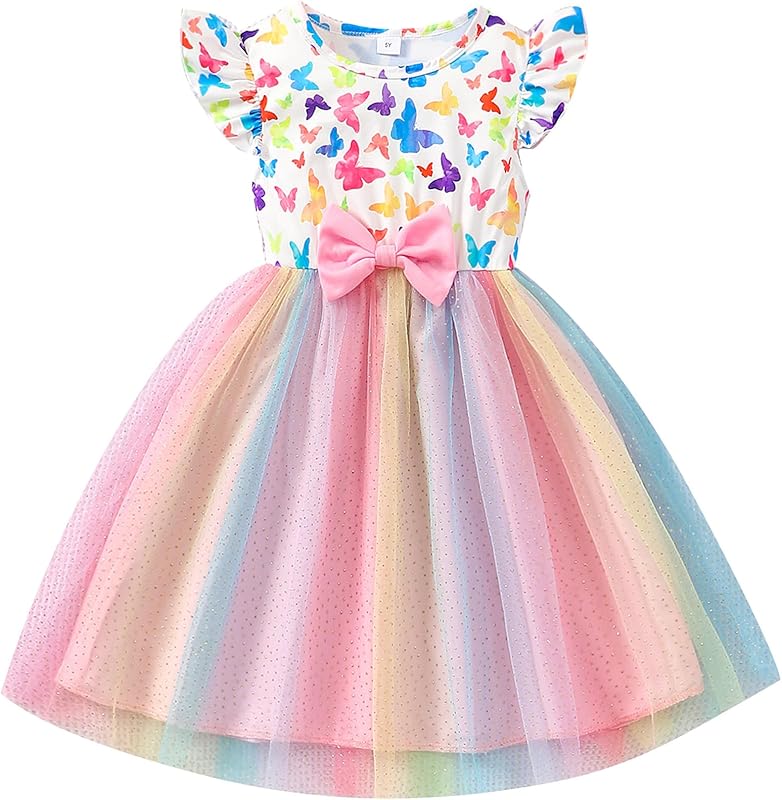 Little Girls Tulle Tutu Dress - Toddler Kids Flutter Sleeve Princess Sundress Casual Summer Outfit Clothes for 2-7Y