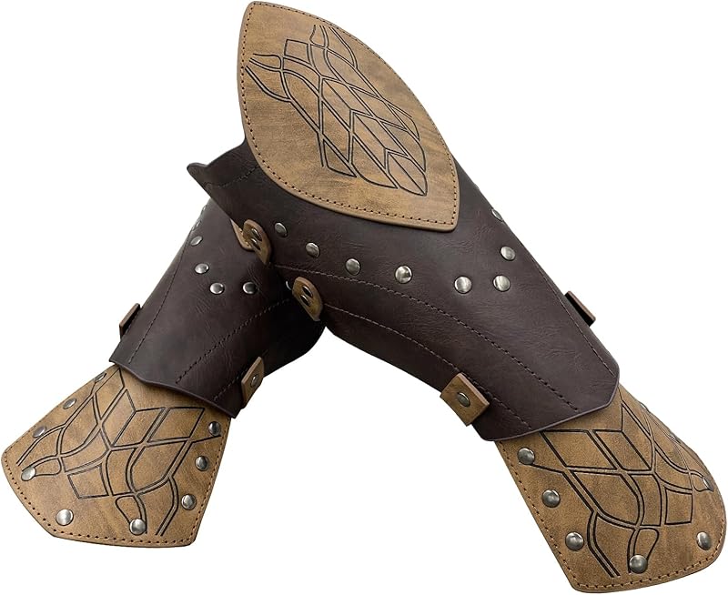 HiiFeuer Medieval Embossed Faux Leather Elf Arm Guards, Fantasy Cosplay Buckle Bracers, Knight Archer Gauntlets for LARP