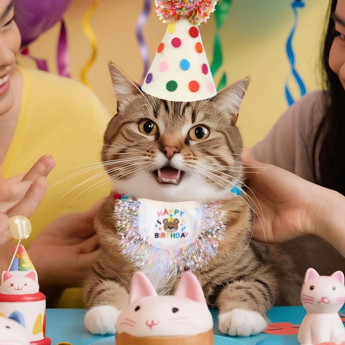 Cat Birthday Hat and Bandana Scarf, Cat Birthday Outfit Party Hat Dog Costumes Cute Lace Puppy Bib Scarf Party Decorations Set for Small Medium Cats & Doggy