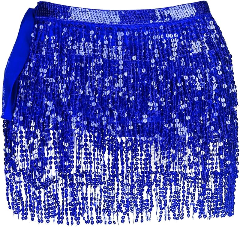 Women Belly Dance Skirt Tassel Fringe Skirts Sparkly Sequin Hip Scarf Party Costume
