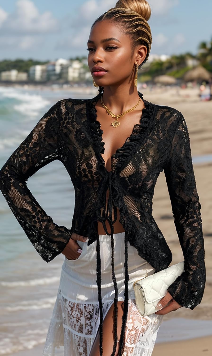 Lace Tops for Women Long Sleeve See Through Sexy Sheer Mesh Crop Top Shirt Open Front Tie Blouse Ruffle for Women