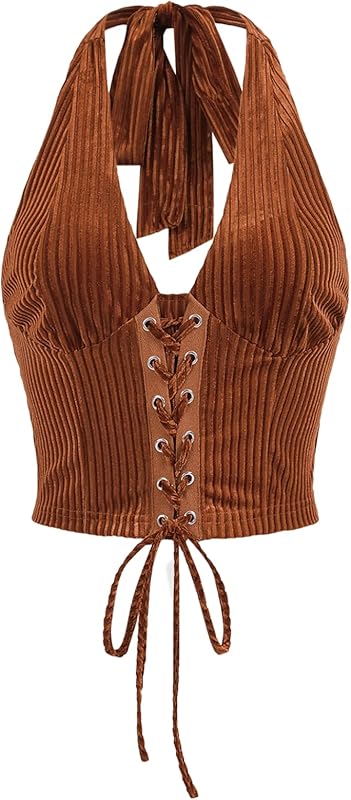 Verdusa Women's Going Out Halter Corset Tops Sleeveless Lace Up Open Back Crop Top