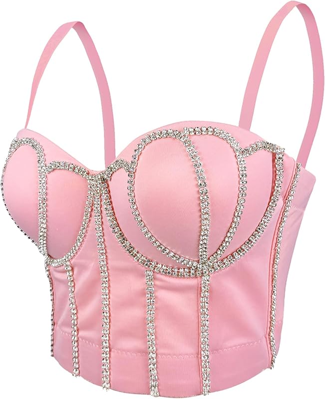 Women's Handmade Rhinestone Diamond Push up Bustier Crop Top Punk Corset Bra Vest With Detachable Strap