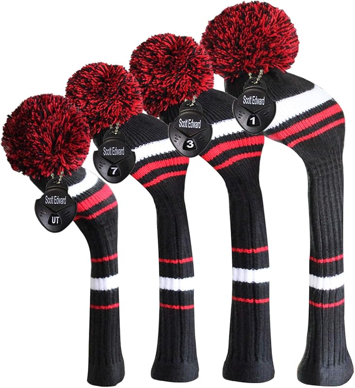 Scott Edward Golf Club Head Covers Set of 4, Acrylic Yarn Double-Layers Knitted, with Rotatable Number Tags