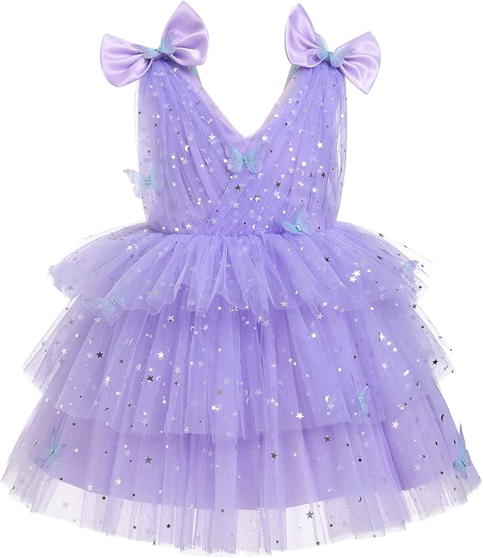 IMEKIS Toddler Girls Butterfly Birthday Dress Rainbow Tulle Formal Wedding Party Ruffle Tutu Dresses Photo Shoot