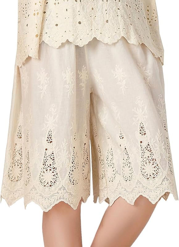 Vintage Lace Pettipants Slips Embroidery Flower Womens Lightweight Cotton Linen Bloomer Shorts Lounge Short Pants