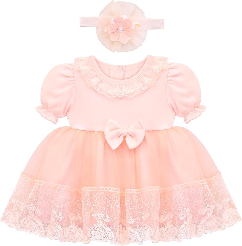 Lilax Baby Girls' Lace Floral Embroidered Dress, Christening Baptism Dress