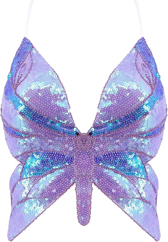 Mocure Womens Glitter Sequin Butterfly Crop Top Low-Cut Tank Top Rave Tube Vest Top for Belly Dance Costume Outfits