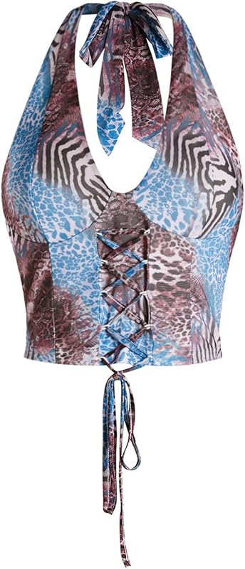 Verdusa Women's Going Out Halter Corset Tops Sleeveless Lace Up Open Back Crop Top