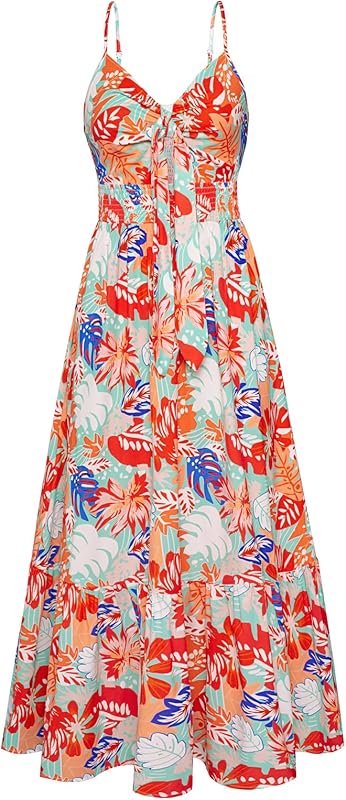 GRACE KARIN Women's 2025 Summer Maxi Dress Floral Tie Front Spaghetti Strap Casual Boho Beach Flowy Sundress with Pockets