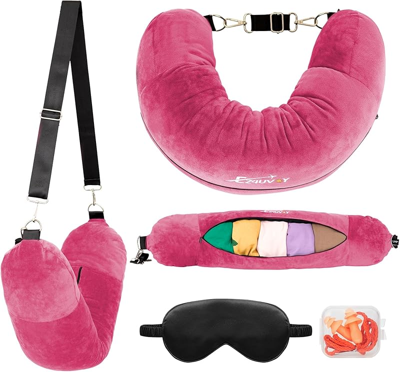 Travel Neck Pillow Stuffable with Clothes, Stuffable Neck Pillow for Travel, Packable Fillable Storage Bag for Airplane Travel, Soft Velvet Neck Pillow Case Cover