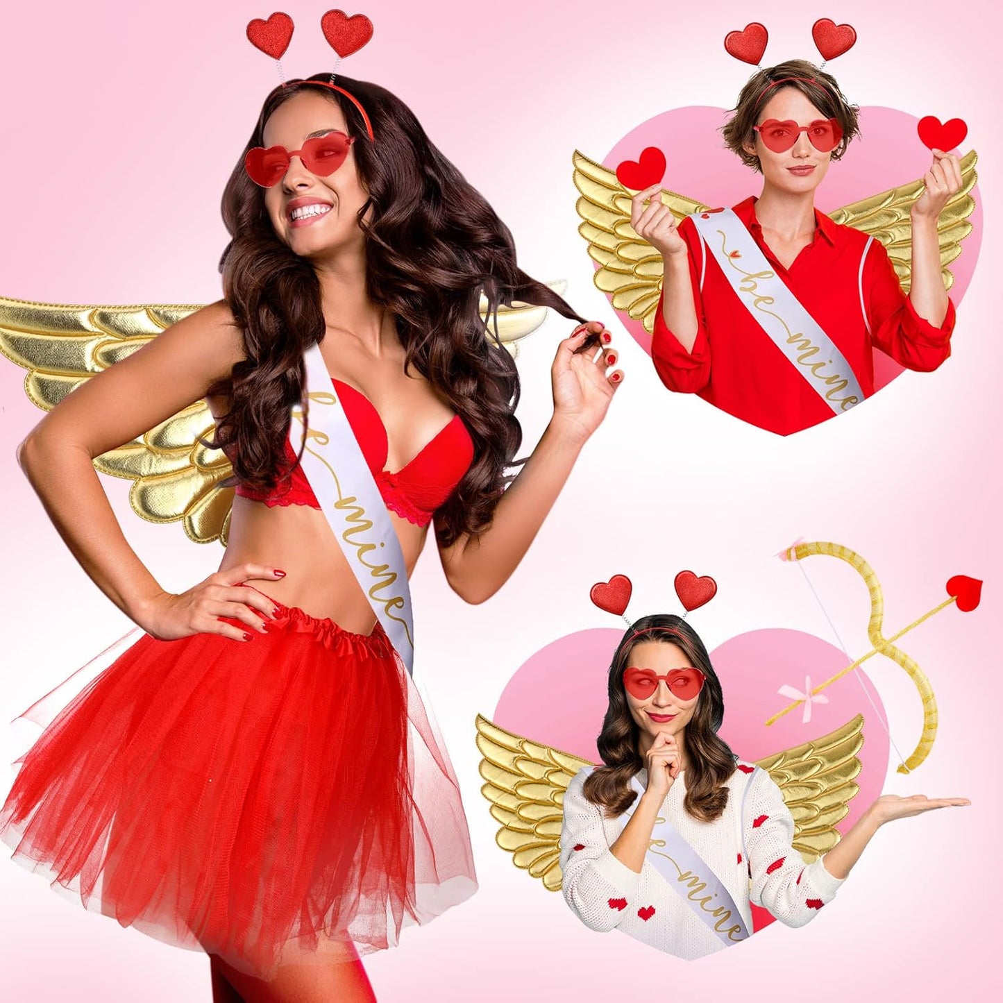 Marsui 7 Pcs Valentines Cupid Costume Set Valentine's Cupid Accessory Kit Includes Wings, Heart Sunglasses, Bopper Heart Headband, Body Sash, Bow and Arrow and Tutu Skirt for Women Men Adult Props Set