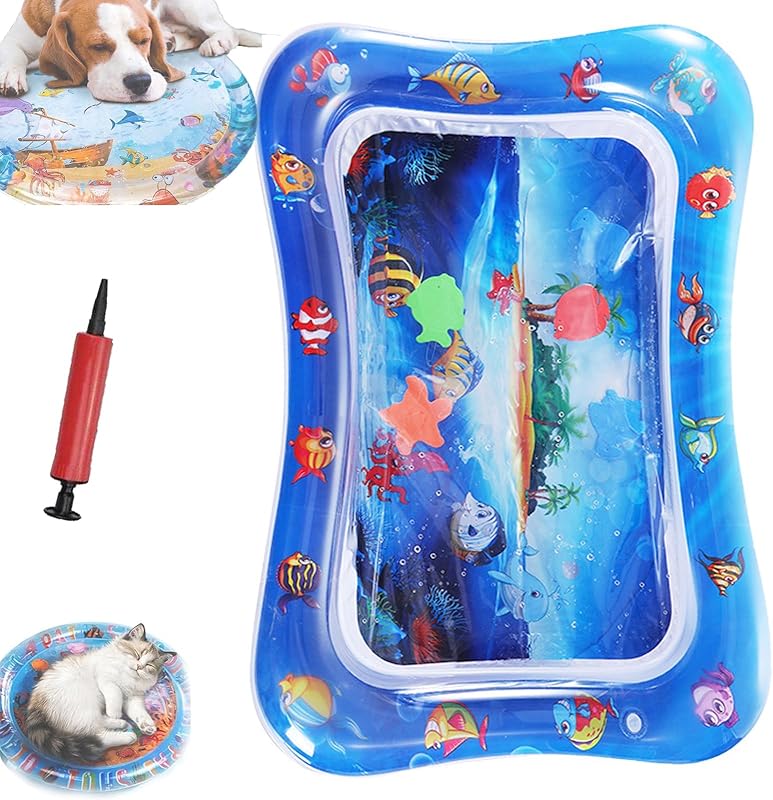 Pet Water Bed, Thickened Water Sensory Play Mat for Cats Dog, Waterbed Toy with Fish, Washable Inflatable Playmat, Puncture Proof Cooling Mat for Pet, Feel Cool Comfort (Large Round Model C)