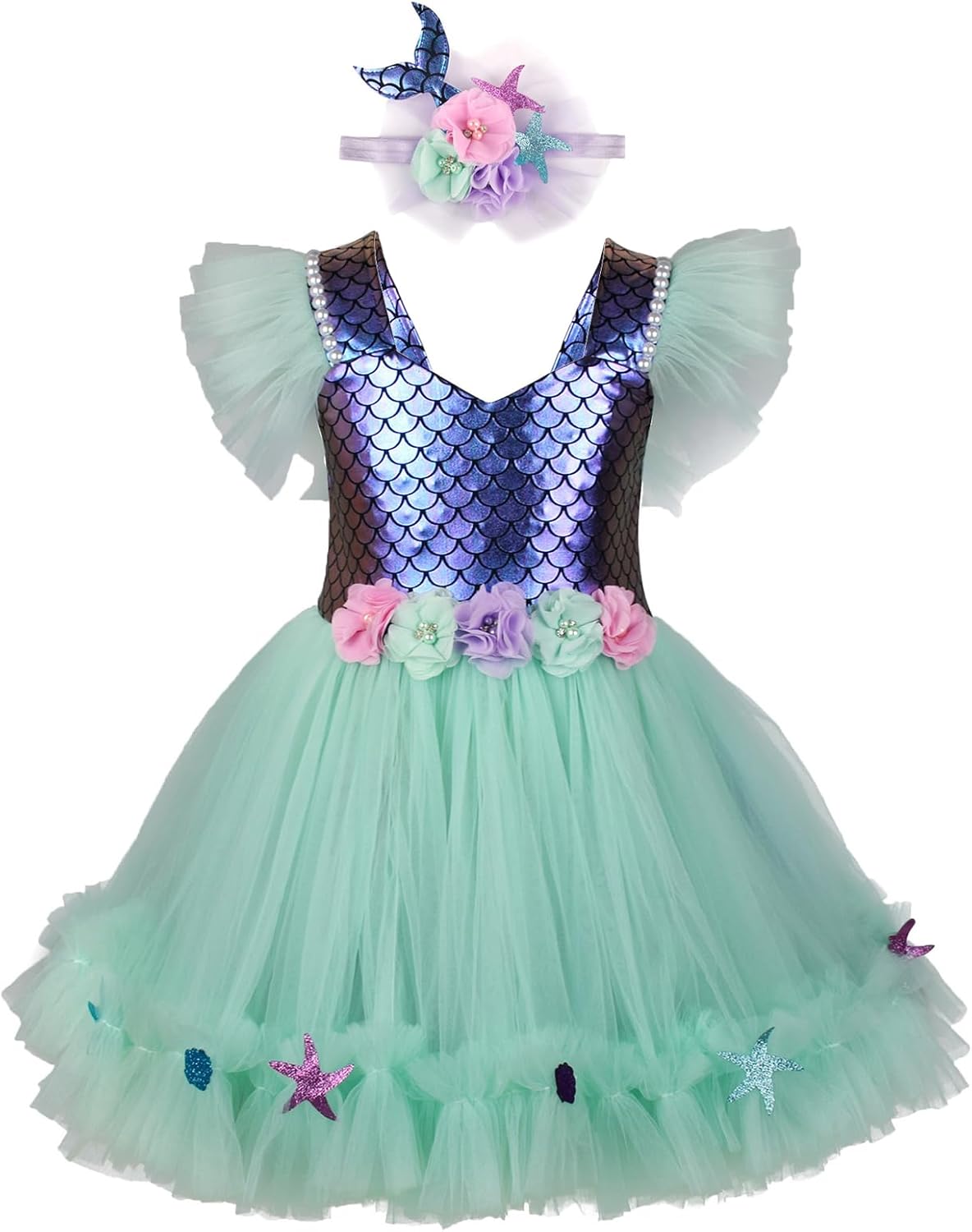 Kids Girls Mermaid Tutu Dress Outfit Fly Sleeve Tulle Patchwork A-line Dress with Headband