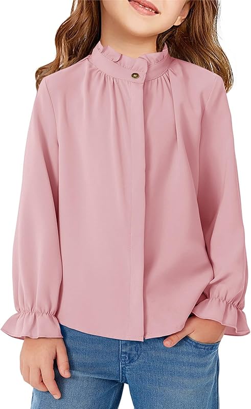 Haloumoning Girls Ruffle Long Sleeve Blouse Kids Button Down Uniform Dress Shirts 5-14 Years