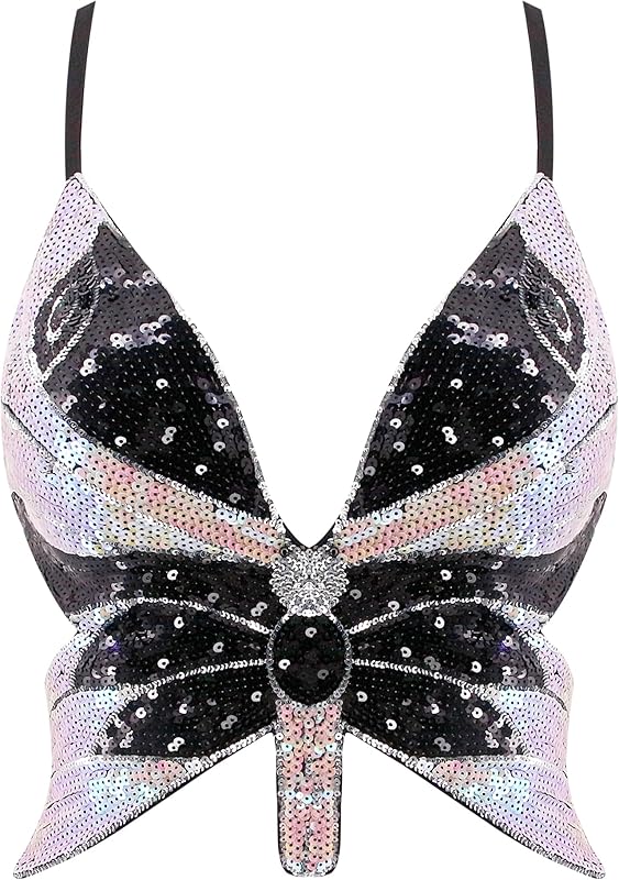 Mocure Womens Glitter Sequin Butterfly Crop Top Low-Cut Tank Top Rave Tube Vest Top for Belly Dance Costume Outfits