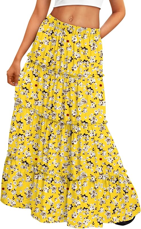 Trendy Queen Long Skirts for Women Boho Maxi Skirt Summer Swing Tiered A-Line Elastic High Waist Dress with Pockets Fashion