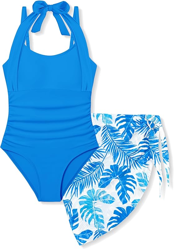 Girls Swimsuit Halter Neck One Piece Bathing Suit with Tropical Printed Cover Up Skirt Girls' Swimwear Set 7-18Y