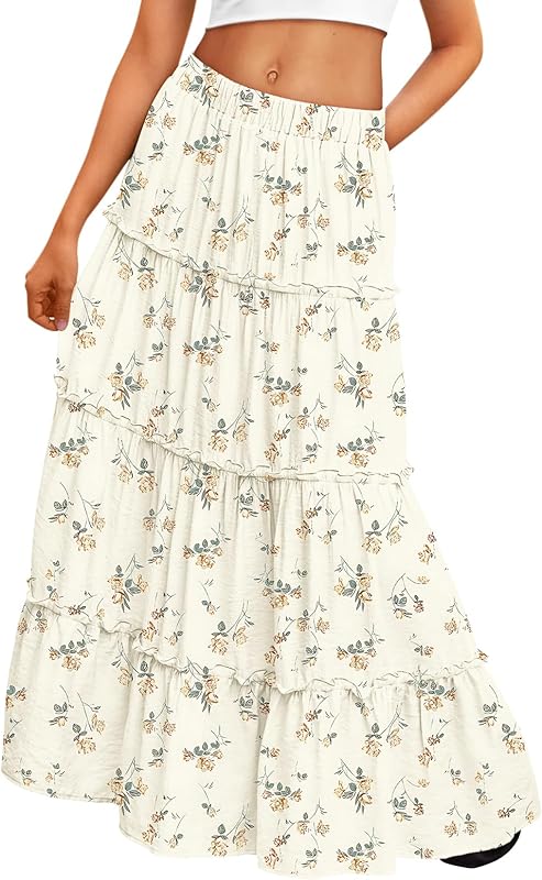 Trendy Queen Long Skirts for Women Boho Maxi Skirt Summer Swing Tiered A-Line Elastic High Waist Dress with Pockets Fashion