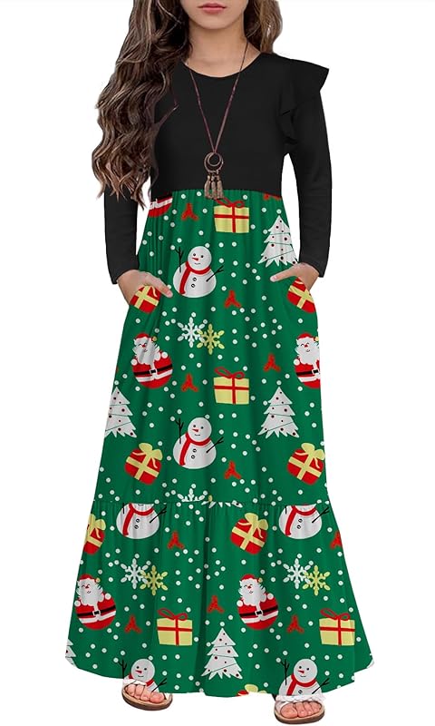 HOSIKA Girls Fall Ruffle Long Sleeve Crew Neck Loose Casual Flowy Tiered Maxi Dress with Pockets for 6-12 Y