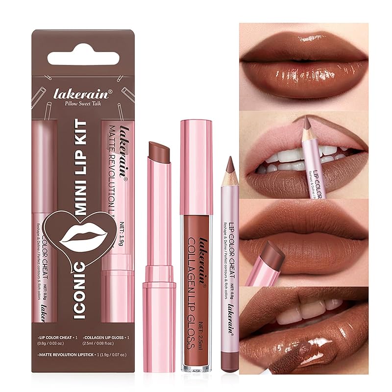 3PCS Lip Liner and Lipstick Combo Set - Matte Lip Liner Pencil, Velvet Matte Lipstick & Hydrating Collagen Lip Gloss - Long-Lasting, Smudge-Proof, High Pigment Nude Brown Lip Makeup Kit (Set 2, 3)