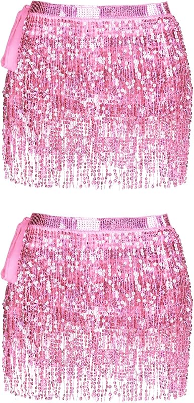 Women Belly Dance Skirt Tassel Fringe Skirts Sparkly Sequin Hip Scarf Party Costume